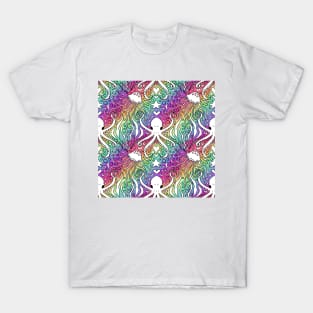 Rainbow Disco Octopus White on Swirls T-Shirt